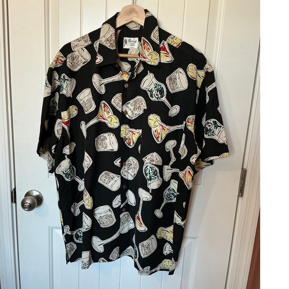Vintage Silk 100% Silk Cocktail Hawaiian Shirt Large Black